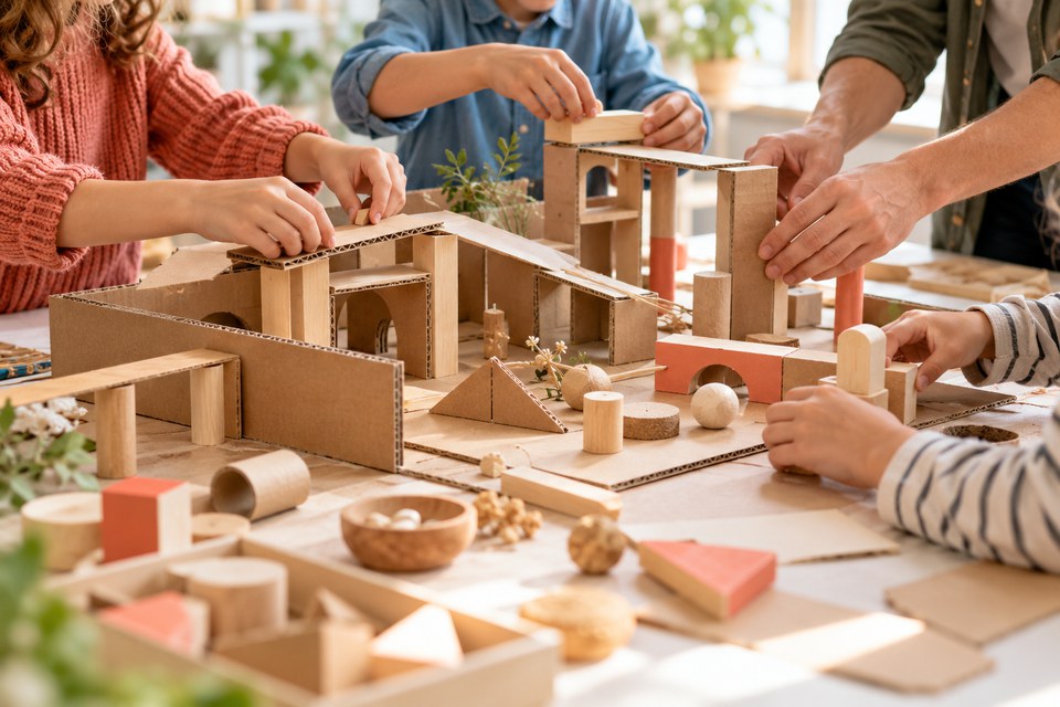 Mãos em uma atividade de construção colaborativa Mãos em uma atividade de construção colaborativa