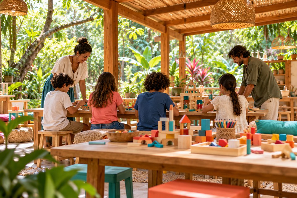 Cena de atividades em um pavilhão arborizado Cena de atividades em um pavilhão arborizado