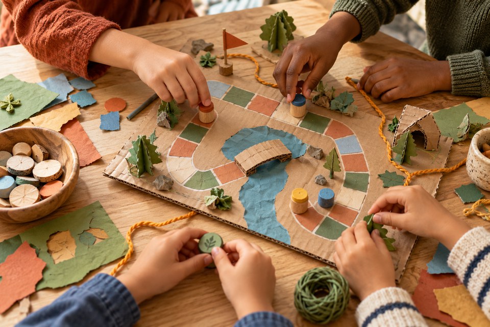 Mapa artesanal de jogo com peças para cooperar Mapa artesanal de jogo com peças para cooperar