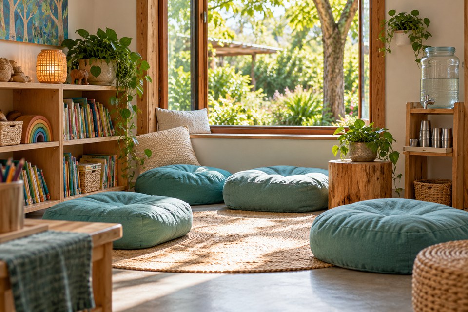 Canto de descanso com almofadas e livros Canto de descanso com almofadas e livros