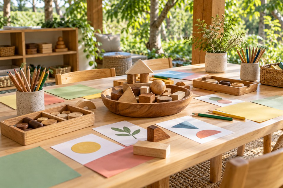 Materiais de jogos organizados em uma mesa Materiais de jogos organizados em uma mesa