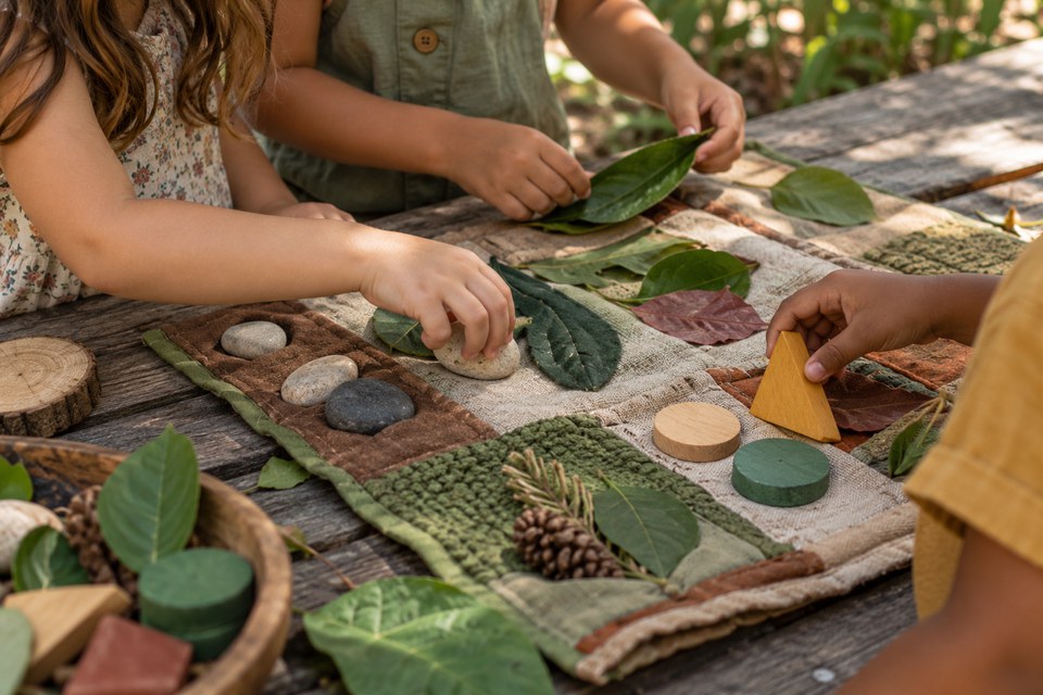 Jogo sensorial com folhas, pedras e madeira Jogo sensorial com folhas, pedras e madeira